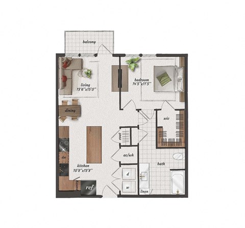 Floor plan for 1 bed, 1 bath, 840 sqft